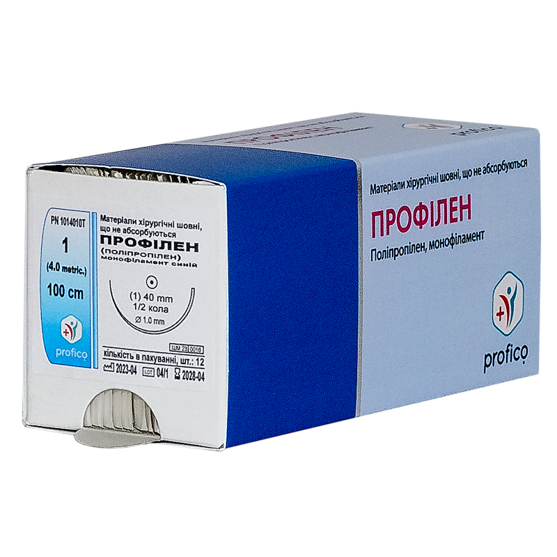 Профілен (Поліпропілен), синій, USP 1, 100 см; колюча голка 1/2 кола, 40 мм